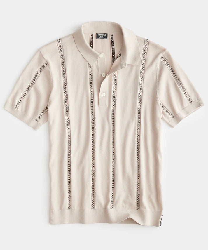 TODD SNYDER DECO STRIPE SHORT-SLEEVE SWEATER POLO IN DESERT BEIGE
