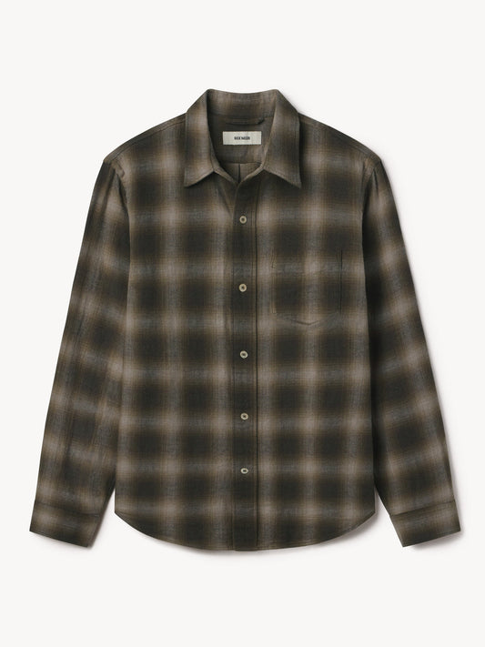 Buck Mason - BUCK MASON PACIFIC TWILL ONE POCKET SHIRT IN DARK OLIVE/RANGER SHADOW PLAID - Rent With Thred