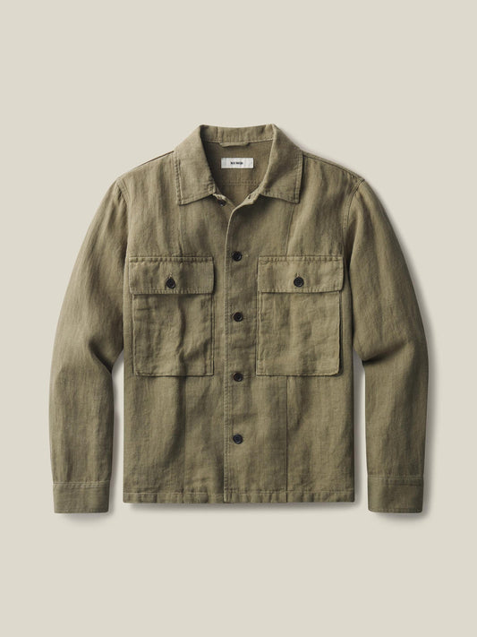 Buck Mason - BUCK MASON LOOMED LINEN FATIGUE SHIRT IN OLIVE HERRINGBONE - Rent With Thred