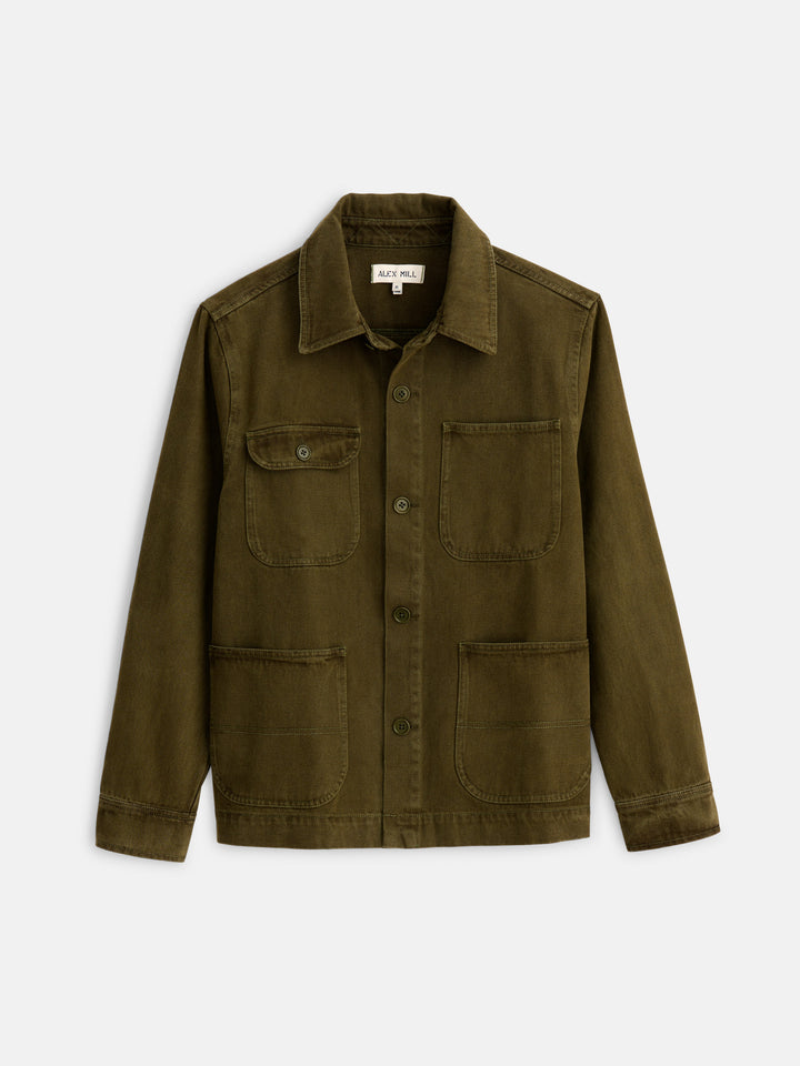 Alex Mill - ALEX MILL GARMENT DYED WORK JACKET IN RECYCLED DENIM IN MILITARY OLIVE - Rent With Thred