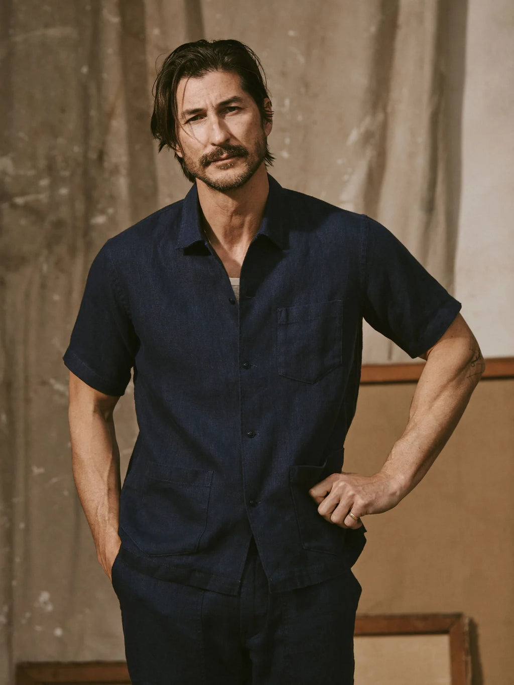 BUCK MASON LOOMED LINEN CABANA SHIRT IN ADMIRAL NAVY
