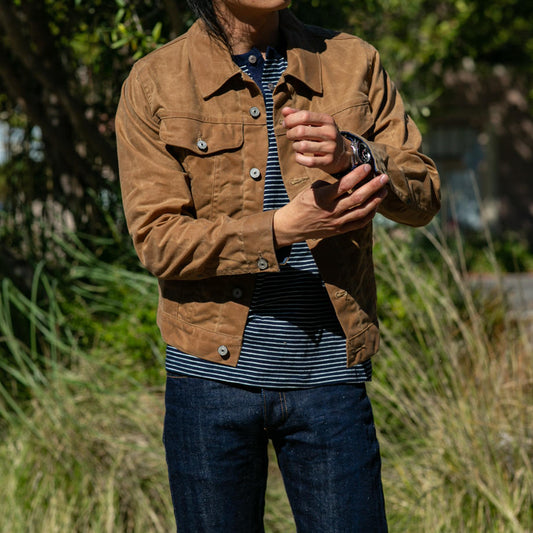 Gustin - VINTAGE GUSTIN TRUCKER JACKET IN WAXED BROWN - Rent With Thred